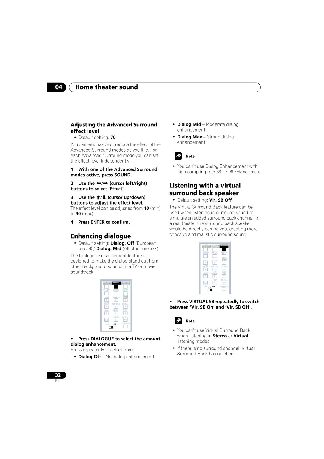 Pioneer S-DV313, XV-DV313 operating instructions Enhancing dialogue, Listening with a virtual surround back speaker 