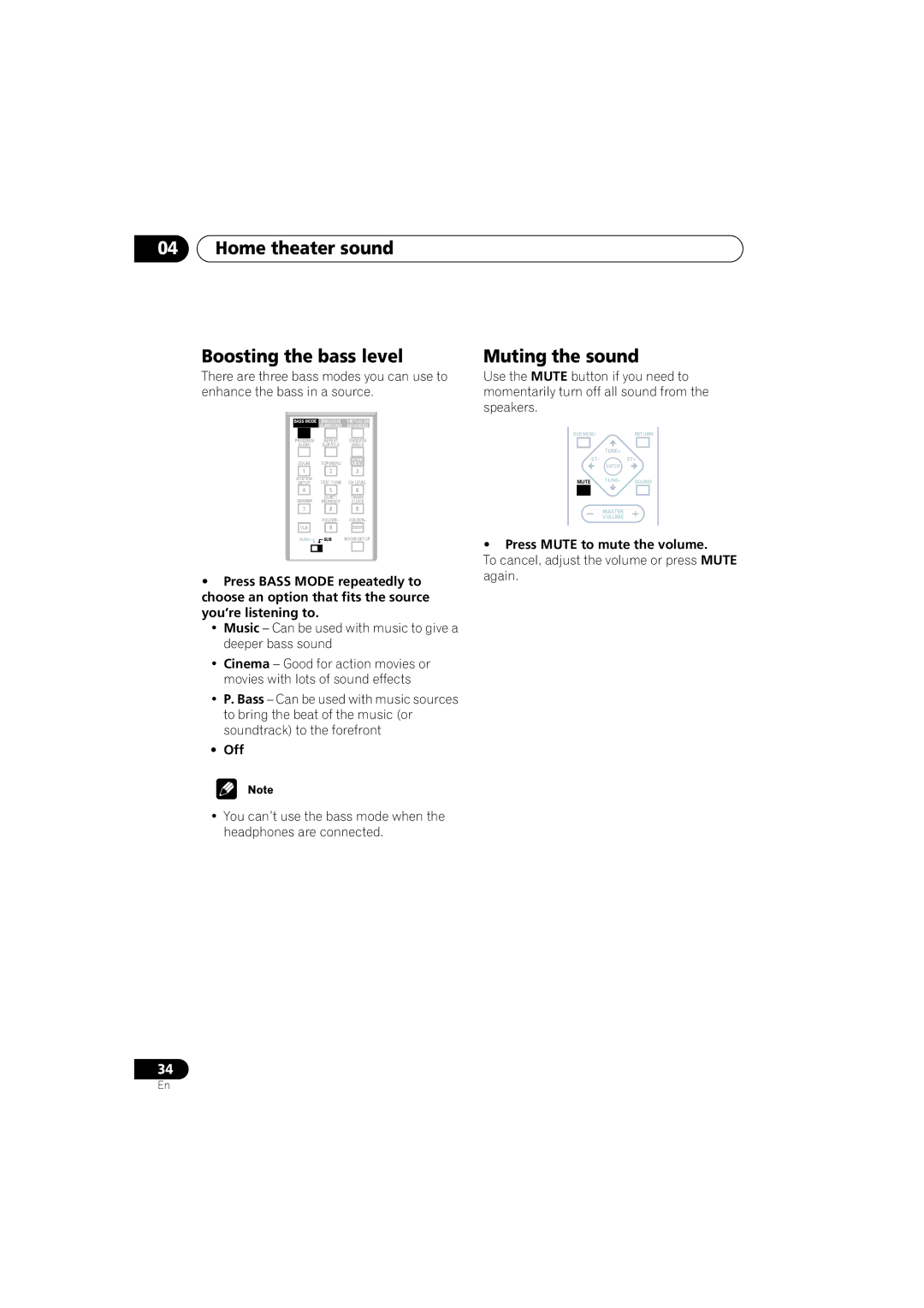 Pioneer S-DV313, XV-DV313 Home theater sound Boosting the bass level, Muting the sound, Off, Press Mute to mute the volume 