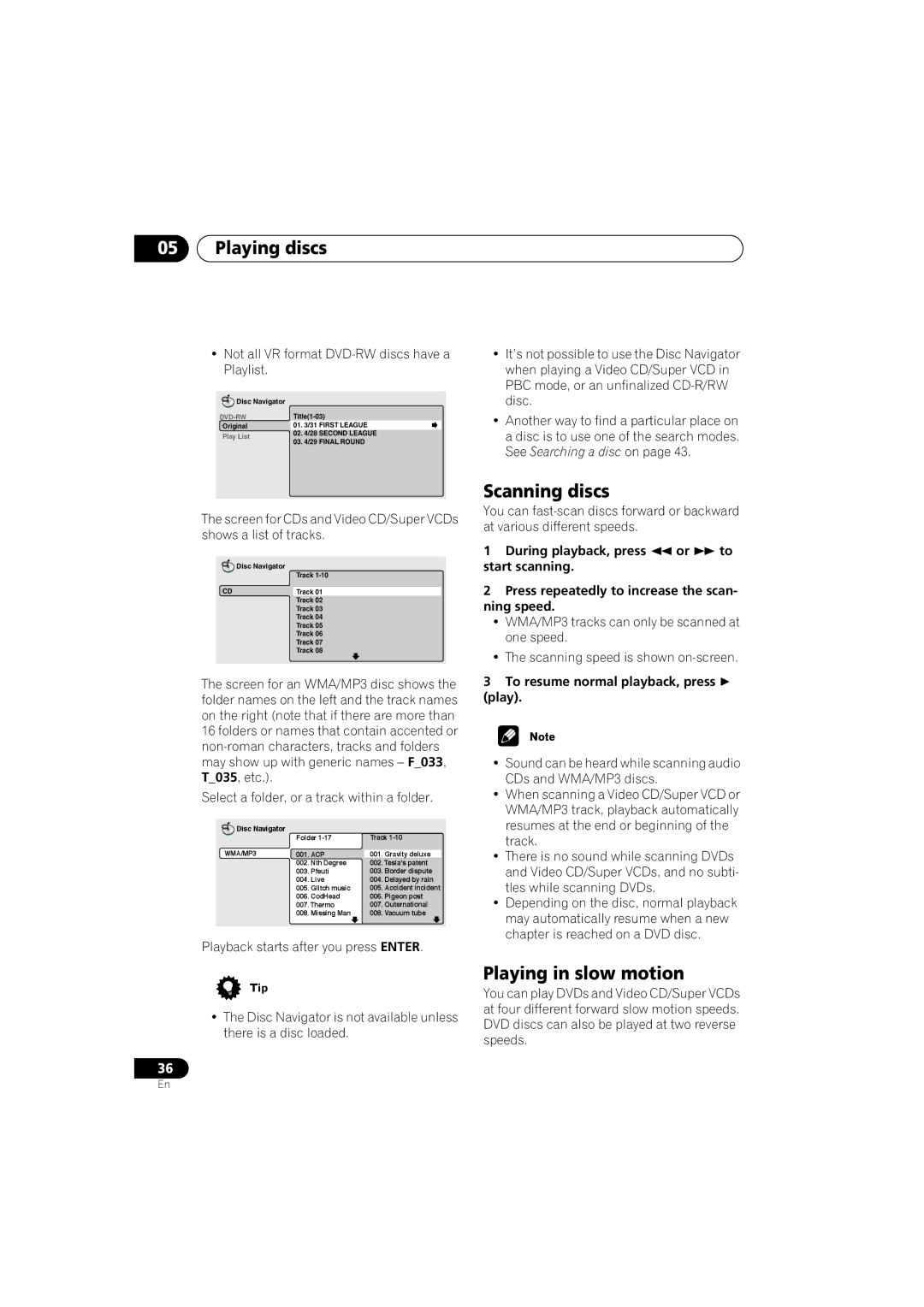 Pioneer S-DV313, XV-DV313 Scanning discs, Playing in slow motion, Not all VR format DVD-RW discs have a Playlist 