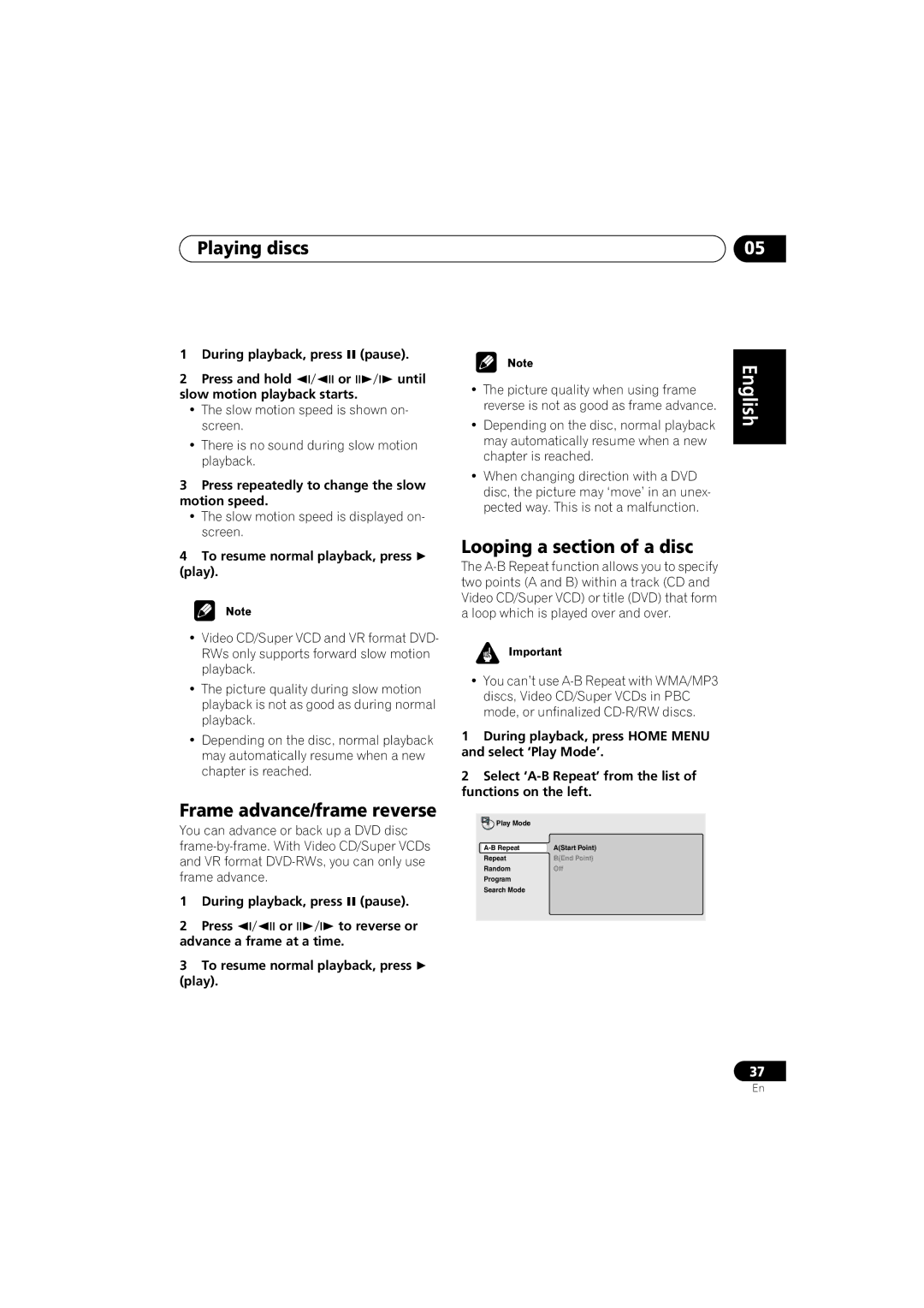 Pioneer XV-DV313, S-DV313 operating instructions Frame advance/frame reverse, Looping a section of a disc 