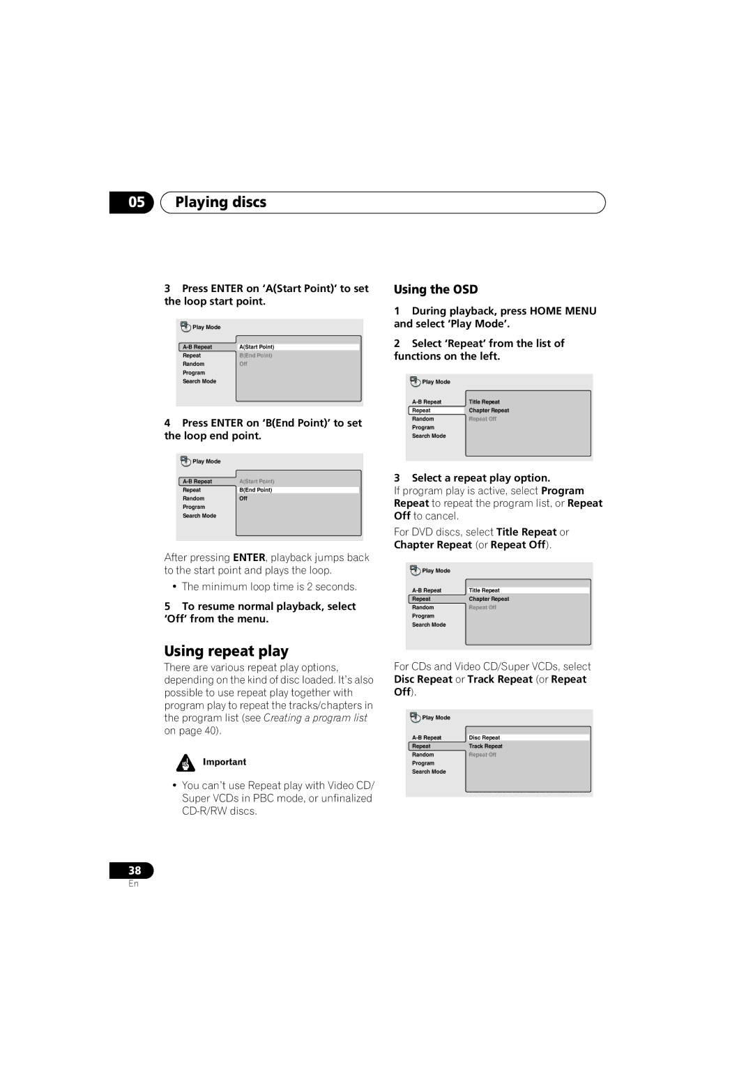 Pioneer S-DV313, XV-DV313 operating instructions Using repeat play, Using the OSD 