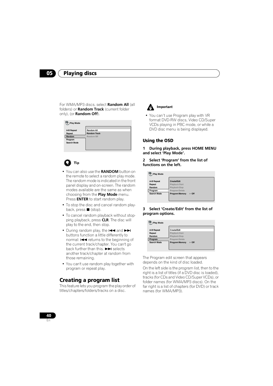 Pioneer S-DV313, XV-DV313 Creating a program list, Select ‘Create/Edit’ from the list of program options 