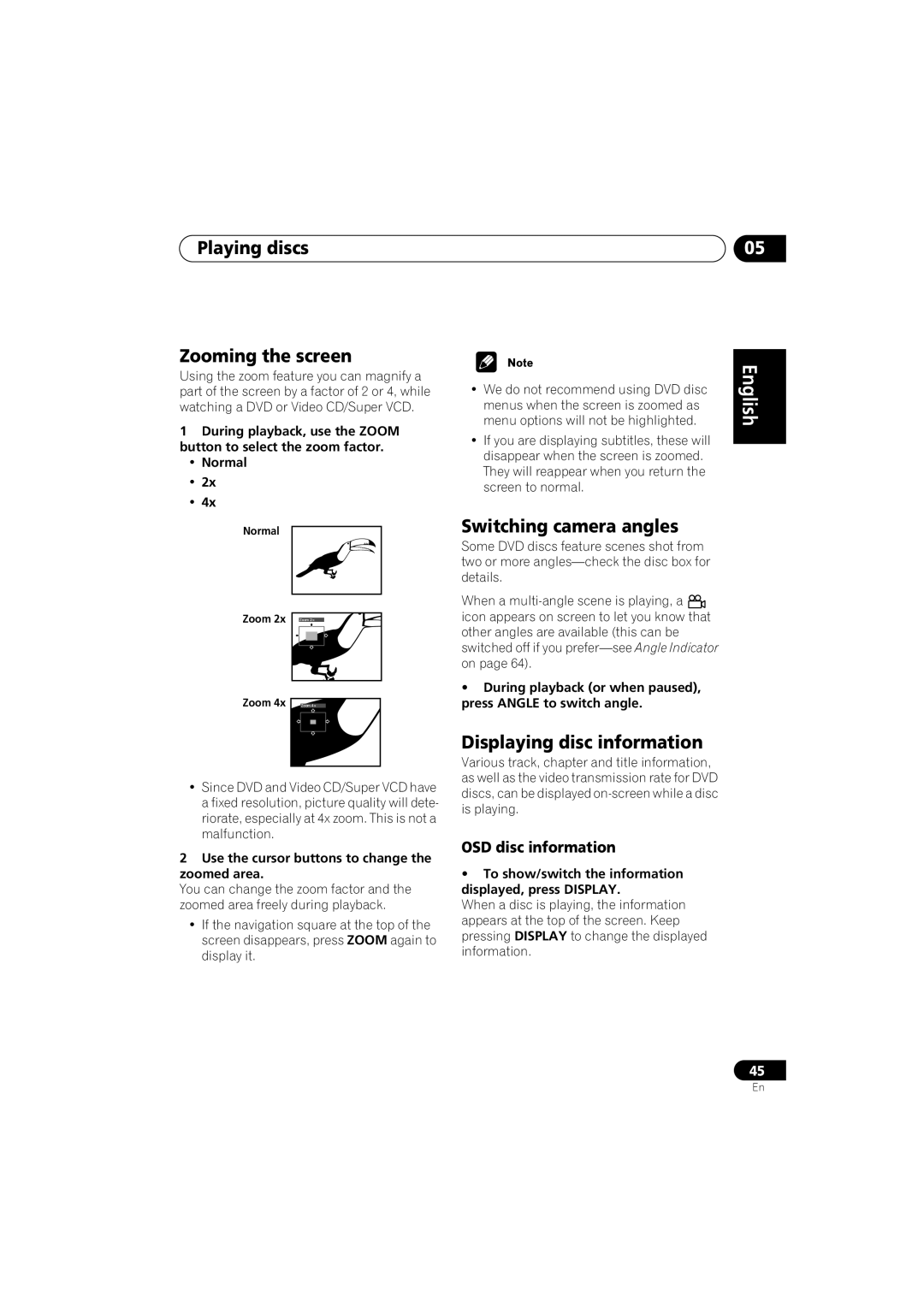 Pioneer XV-DV313, S-DV313 Playing discs Zooming the screen, Switching camera angles, Displaying disc information 