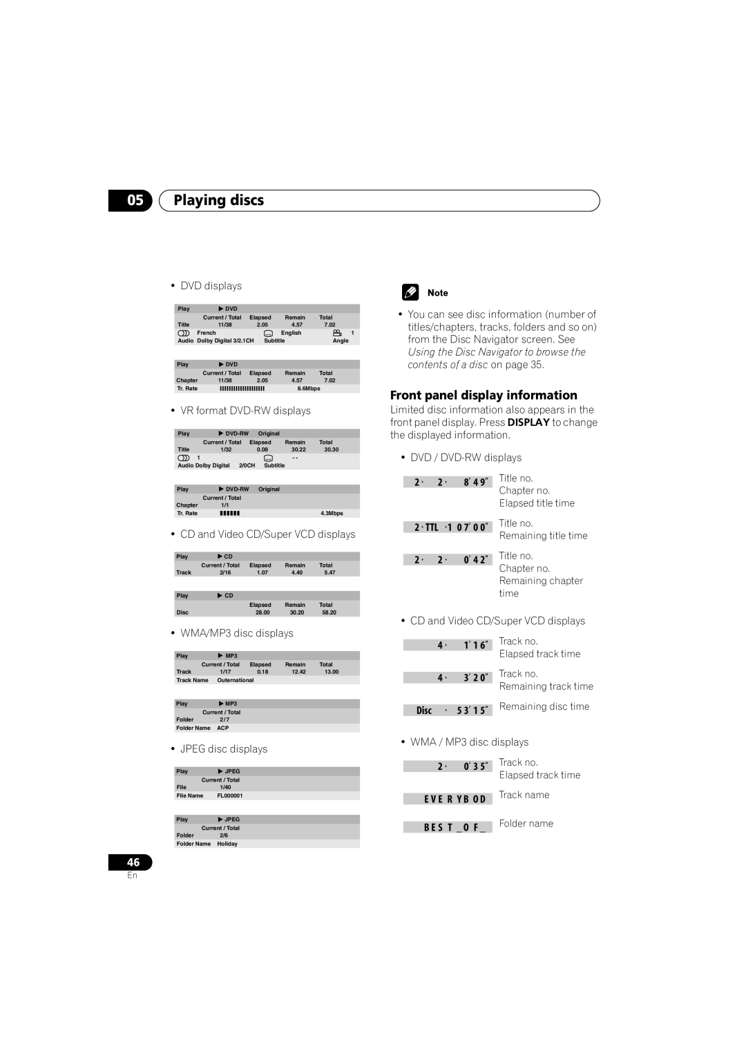 Pioneer S-DV313, XV-DV313 operating instructions Front panel display information, Disc, S T O F 