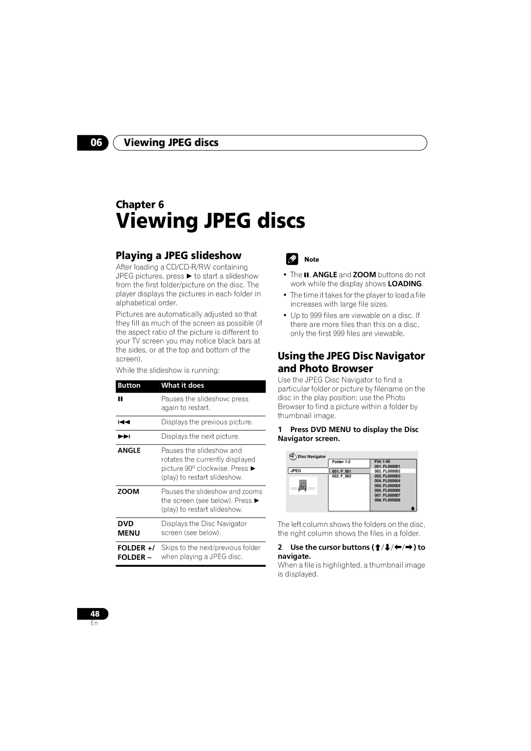 Pioneer S-DV313, XV-DV313 Viewing Jpeg discs Chapter, Playing a Jpeg slideshow, Use the cursor buttons Navigate 