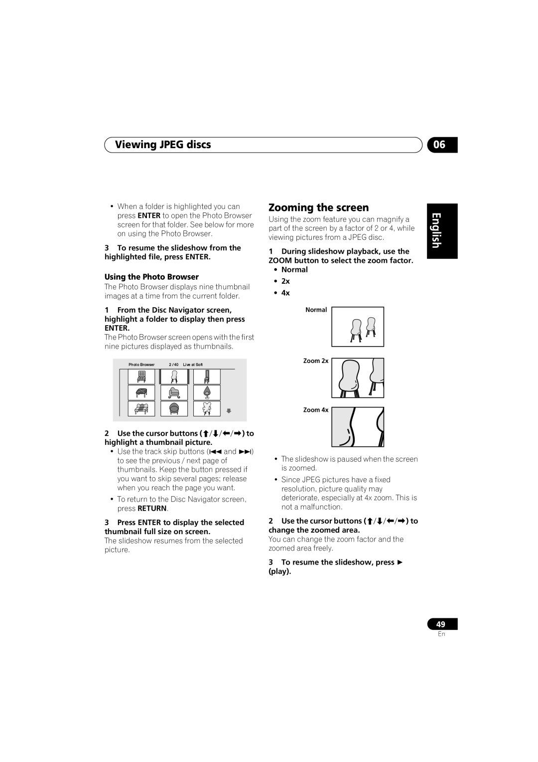 Pioneer XV-DV313 Viewing Jpeg discs, Using the Photo Browser, Use the cursor buttons Highlight a thumbnail picture 