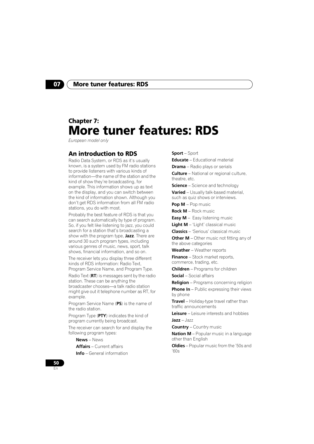 Pioneer S-DV313, XV-DV313 operating instructions More tuner features RDS Chapter, An introduction to RDS 