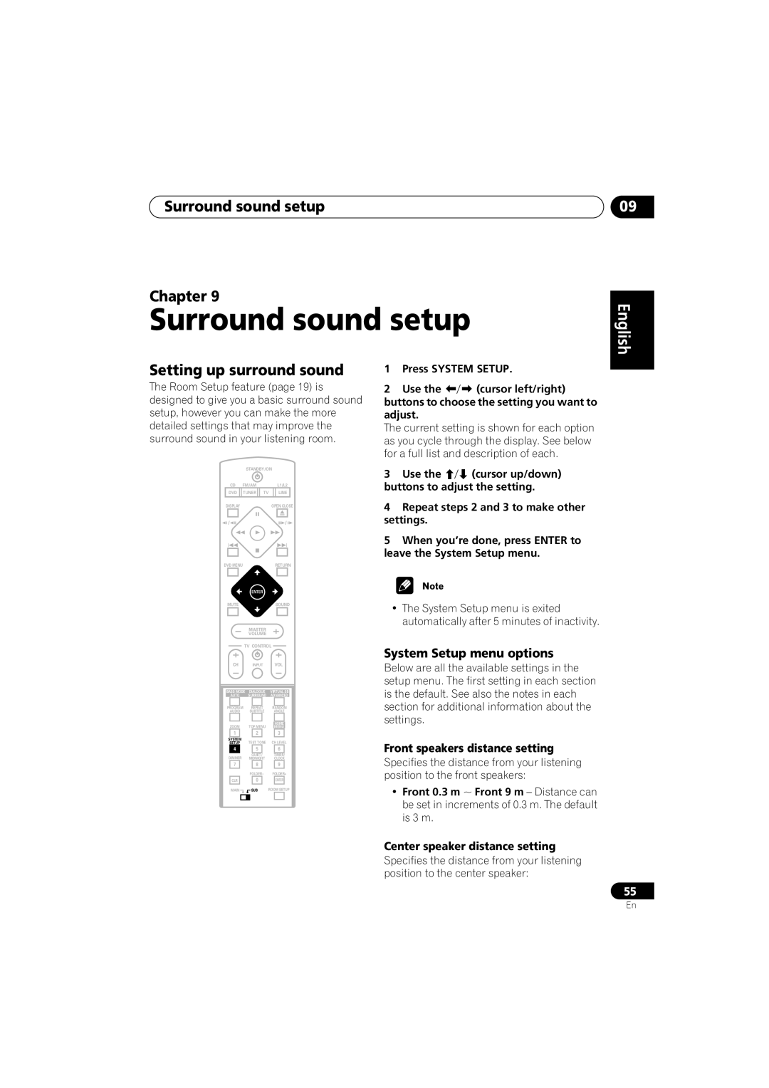 Pioneer XV-DV313, S-DV313 Surround sound setup Chapter, Setting up surround sound, System Setup menu options 