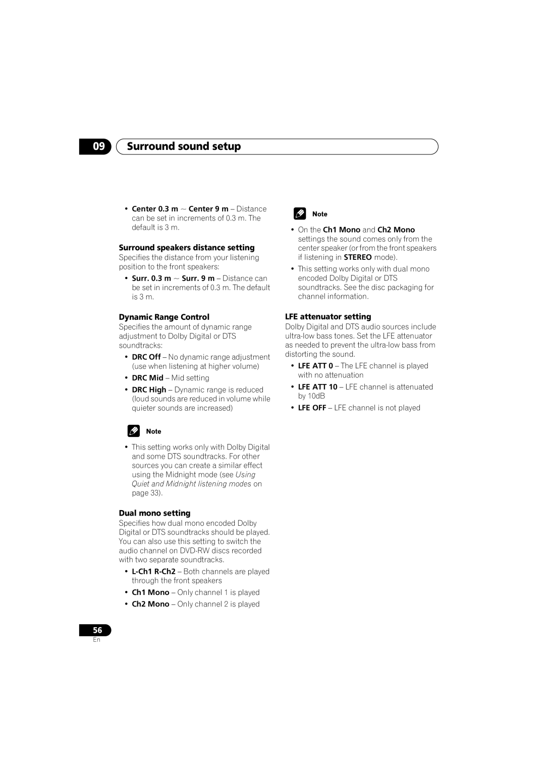 Pioneer S-DV313 Surround sound setup, Surround speakers distance setting, Dynamic Range Control, Dual mono setting 