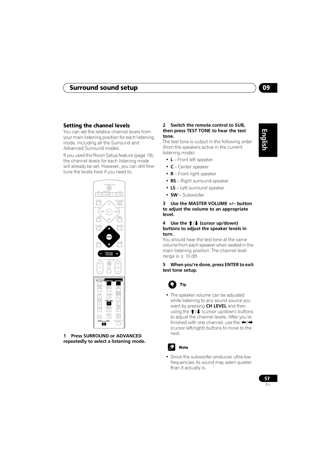 Pioneer XV-DV313, S-DV313 Setting the channel levels, When you’re done, press Enter to exit test tone setup 