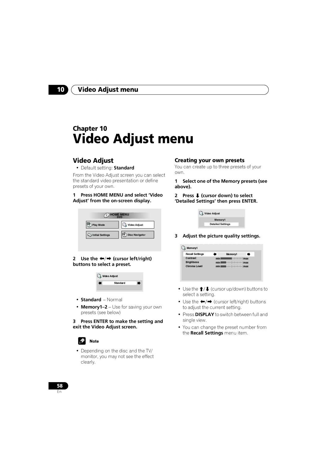 Pioneer S-DV313, XV-DV313 operating instructions Video Adjust menu Chapter, Creating your own presets 