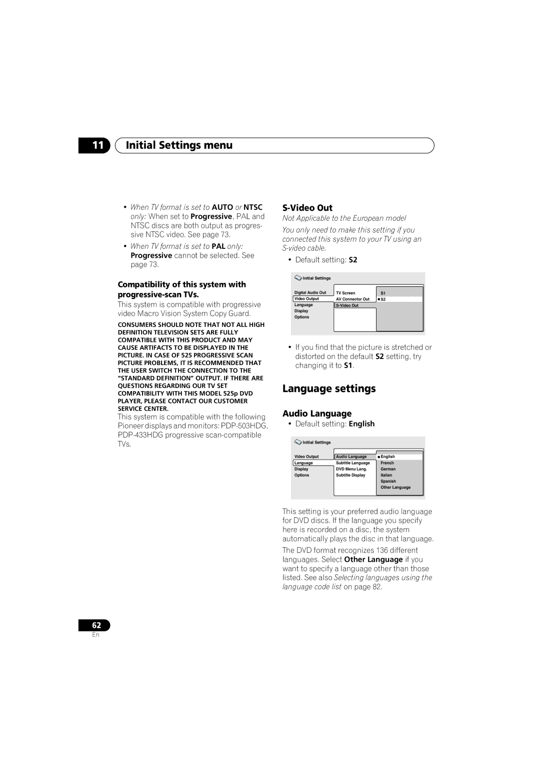 Pioneer S-DV313 Language settings, Video Out, Audio Language, Compatibility of this system with progressive-scan TVs 