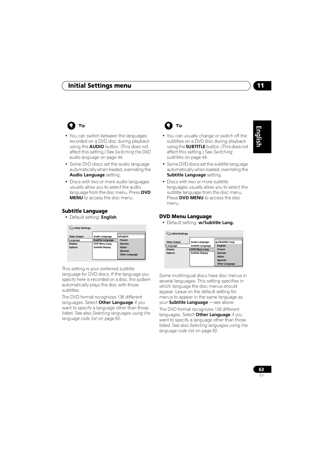 Pioneer XV-DV313, S-DV313 operating instructions Subtitle Language, DVD Menu Language, Default setting w/Subtitle Lang 