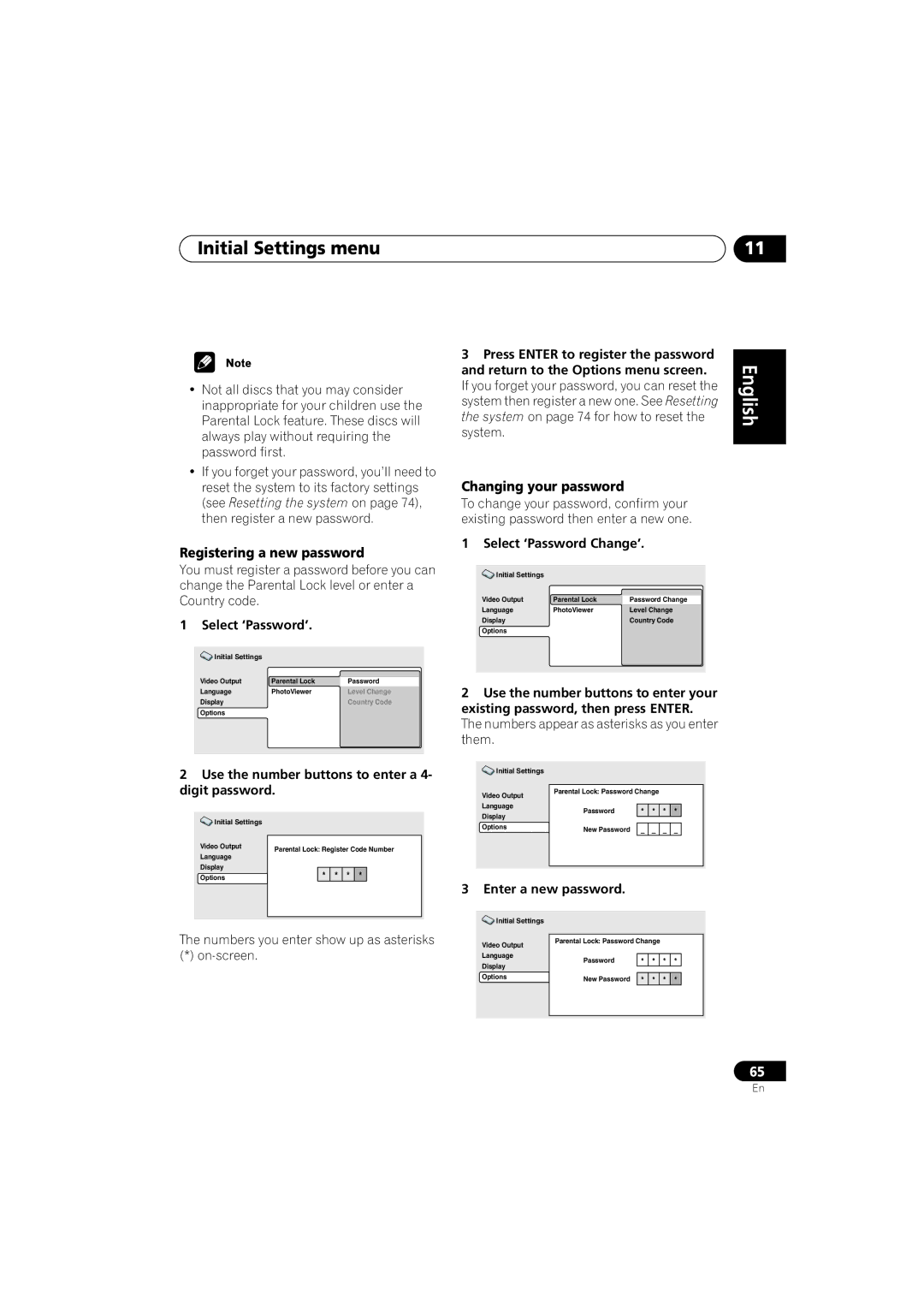 Pioneer XV-DV313, S-DV313 operating instructions Registering a new password, Changing your password 