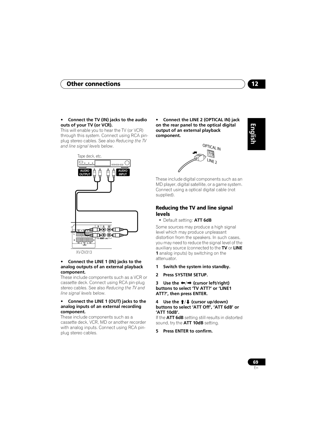 Pioneer XV-DV313, S-DV313 operating instructions Other connections, Reducing the TV and line signal levels 