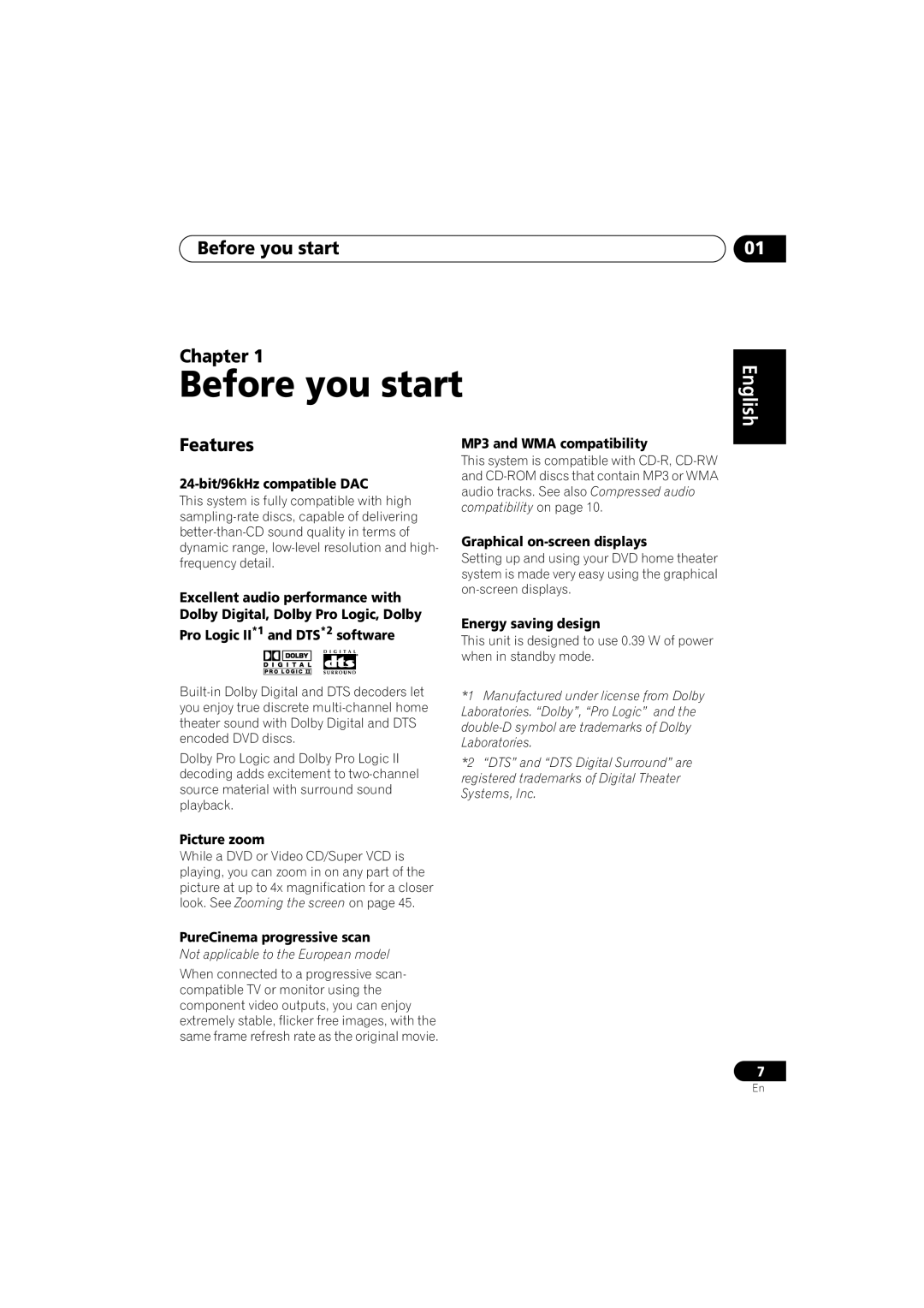 Pioneer XV-DV313, S-DV313 operating instructions Before you start Chapter, Features 