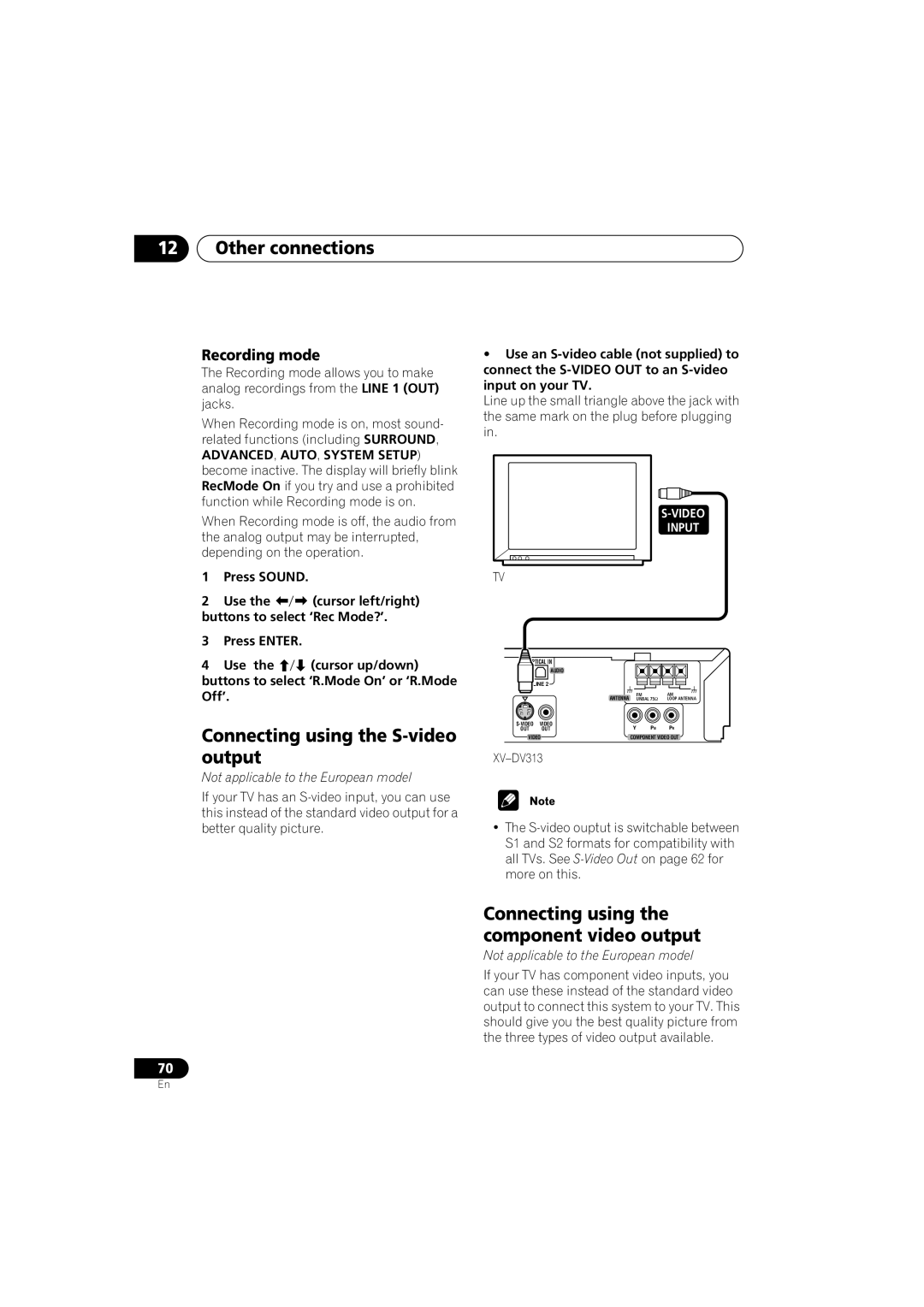 Pioneer S-DV313, XV-DV313 Connecting using the S-video output, Connecting using the component video output, Recording mode 