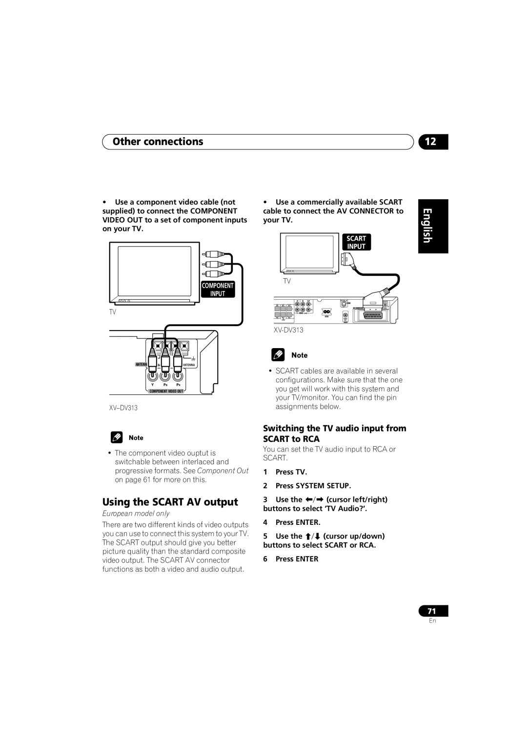 Pioneer XV-DV313 Using the Scart AV output, Switching the TV audio input from Scart to RCA, Buttons to select ‘TV Audio?’ 