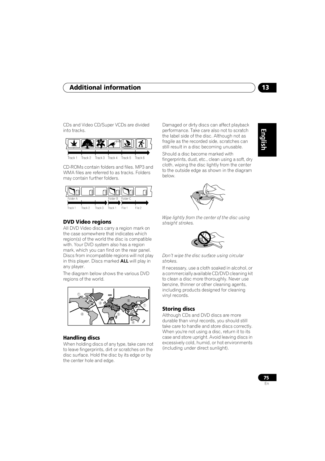 Pioneer XV-DV313 DVD Video regions, Handling discs, Storing discs, CDs and Video CD/Super VCDs are divided into tracks 