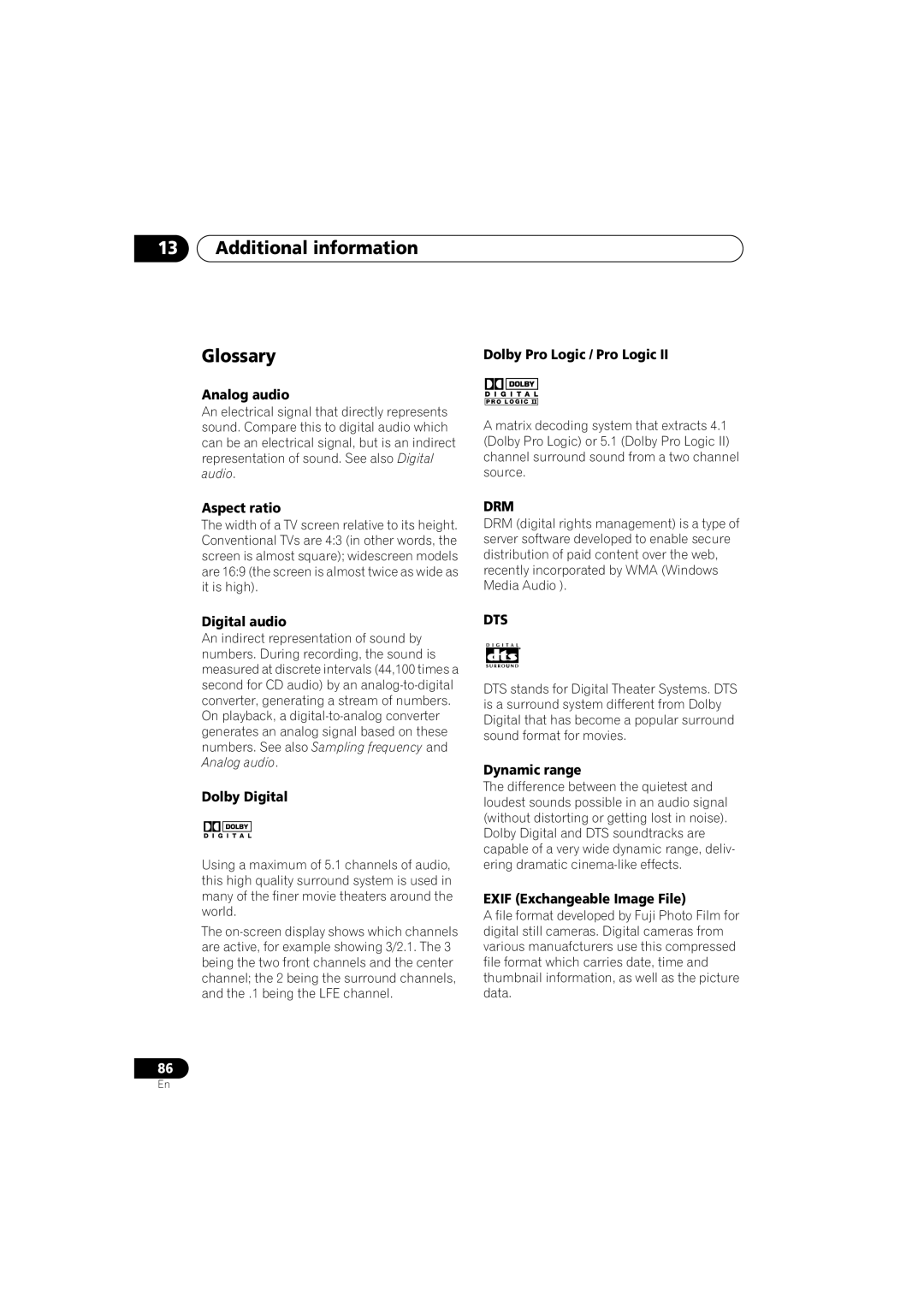 Pioneer S-DV313, XV-DV313 operating instructions Additional information Glossary 