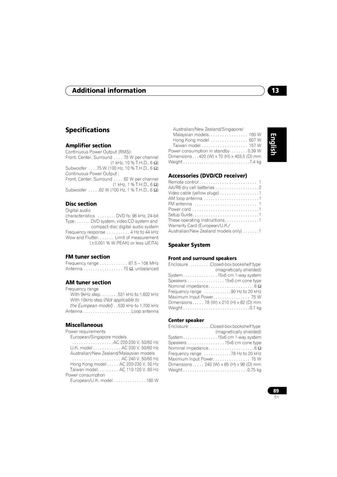 Pioneer XV-DV313, S-DV313 operating instructions Additional information Specifications 