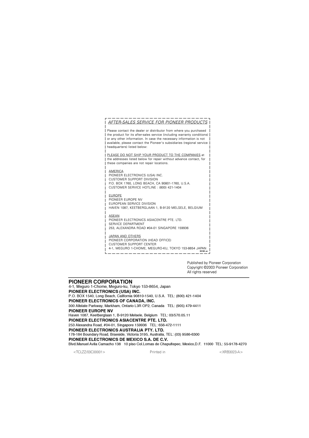 Pioneer S-DV313, XV-DV313 operating instructions Pioneer Corporation 