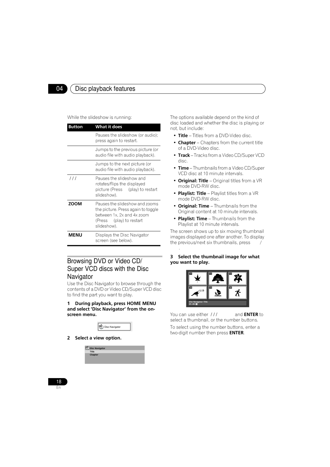 Pioneer S-DV353 Disc playback features, Zoom, Select a view option, Select the thumbnail image for what you want to play 