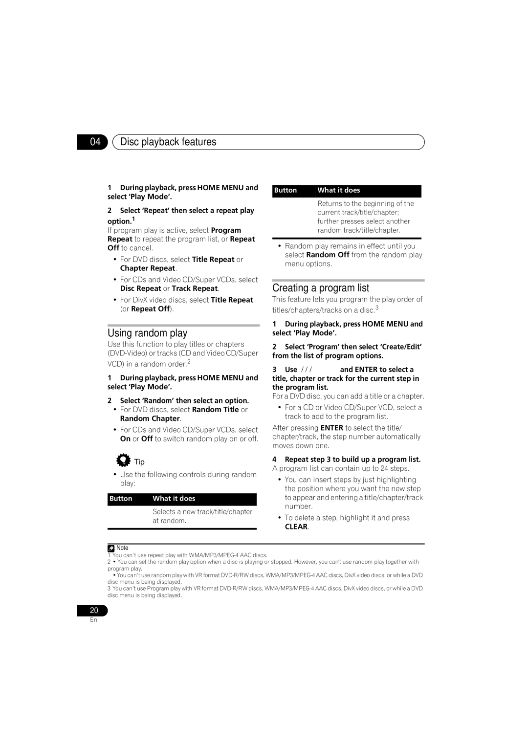 Pioneer S-DV555T manual Using random play, Creating a program list, During playback, press Home Menu and select ‘Play Mode’ 