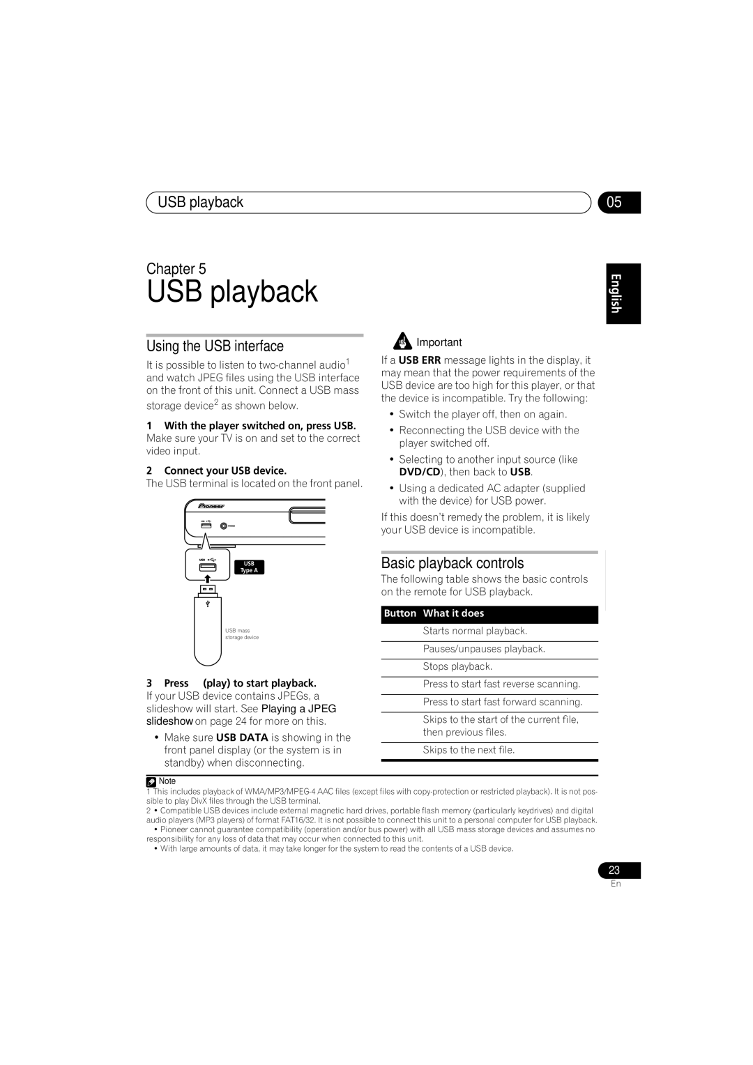 Pioneer HTZ353DVD, S-DV555T, S-DV1SW, S-DV353 USB playback Chapter, Using the USB interface, Basic playback controls 