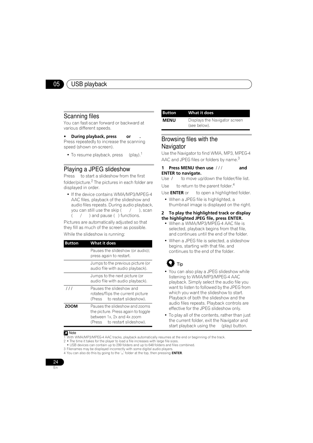 Pioneer S-DV555T USB playback Scanning files, Browsing files with the Navigator, Press Menu then use Enter to navigate 