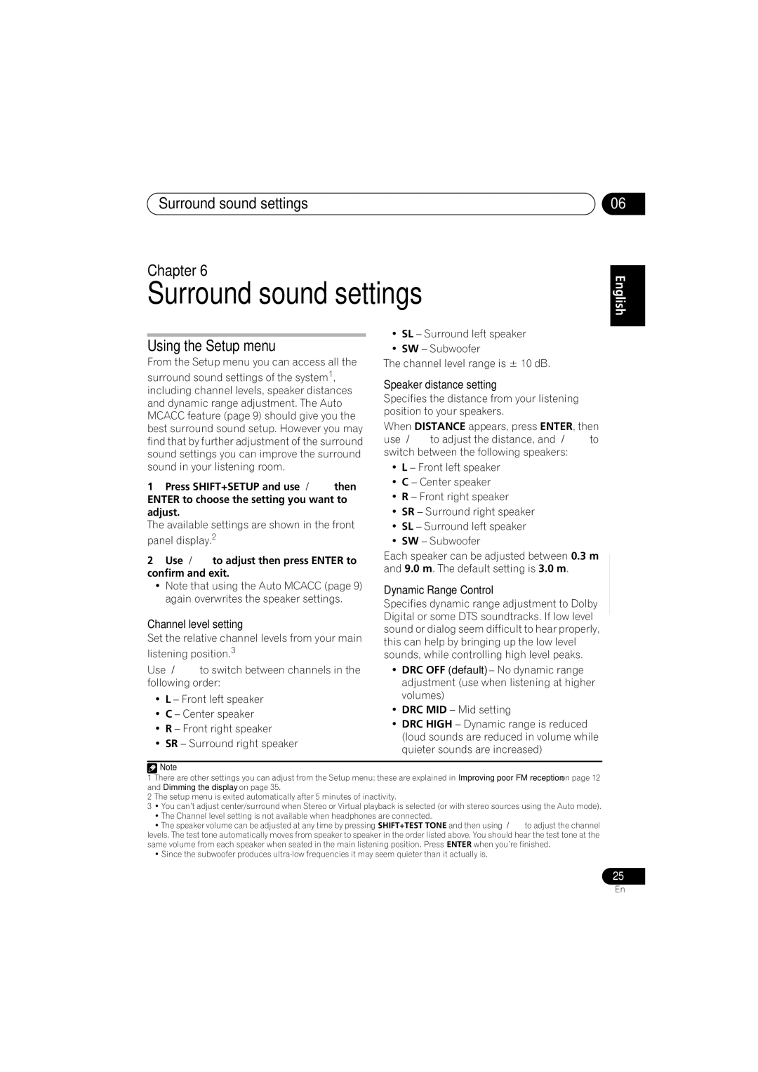 Pioneer S-DV1SW, S-DV555T, S-DV353, HTZ353DVD manual Surround sound settings Chapter, Using the Setup menu 