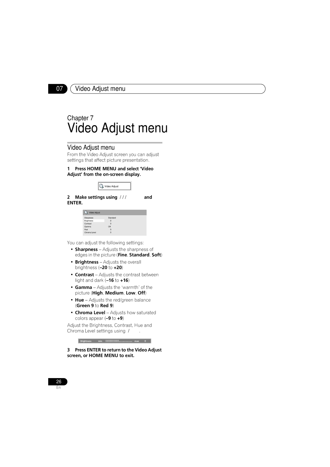 Pioneer S-DV353, S-DV555T, S-DV1SW, HTZ353DVD manual Video Adjust menu Chapter, Make settings using 