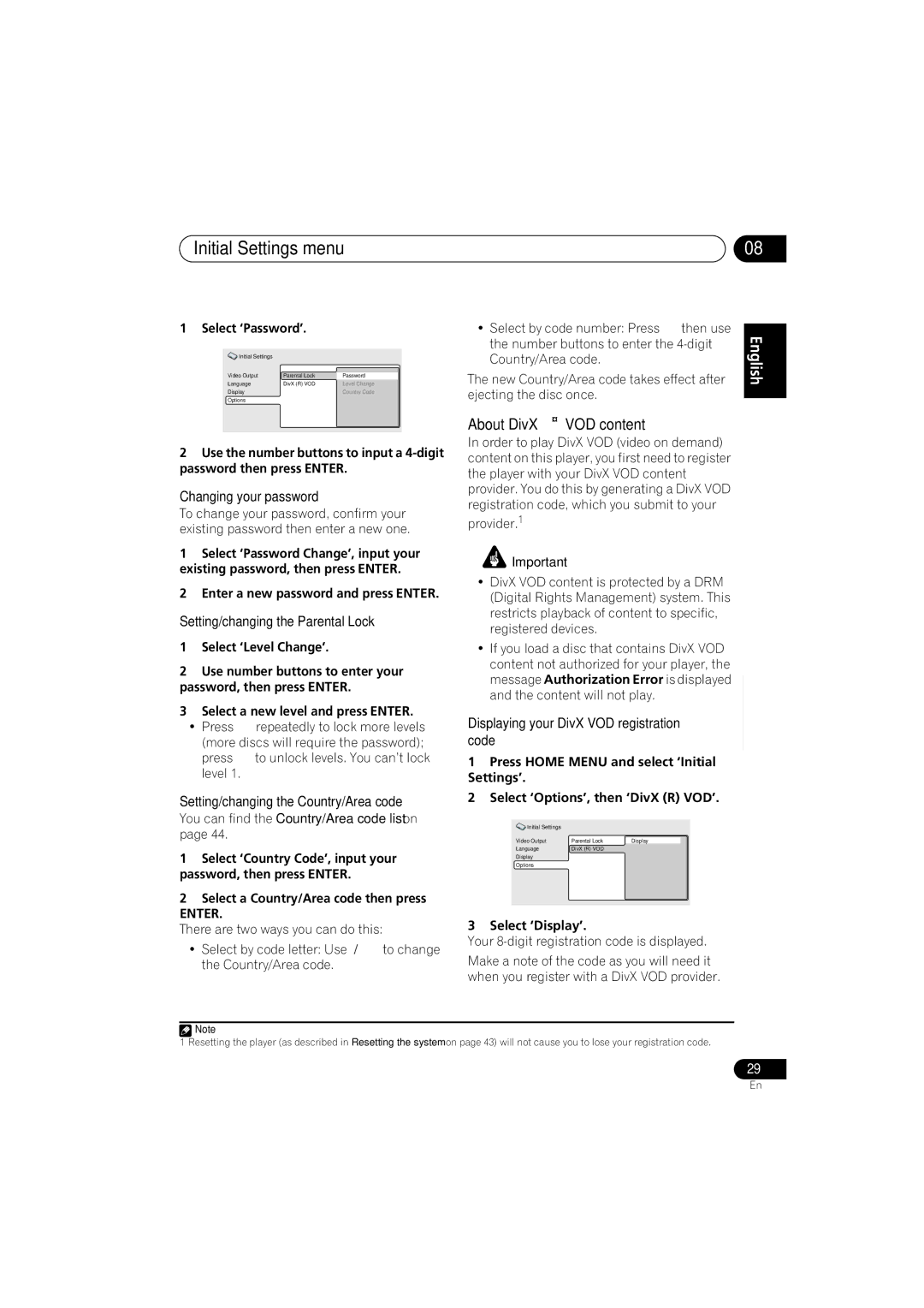 Pioneer S-DV1SW, S-DV555T, S-DV353 manual About DivX VOD content, Changing your password, Setting/changing the Parental Lock 