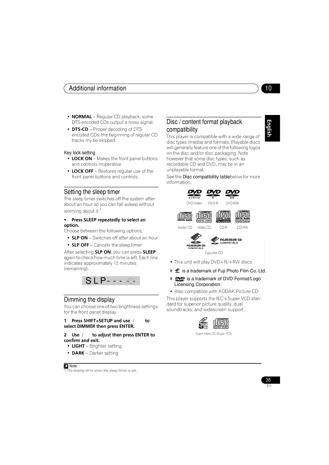 Pioneer HTZ353DVD Additional information, Setting the sleep timer, Dimming the display, Disc / content format playback 