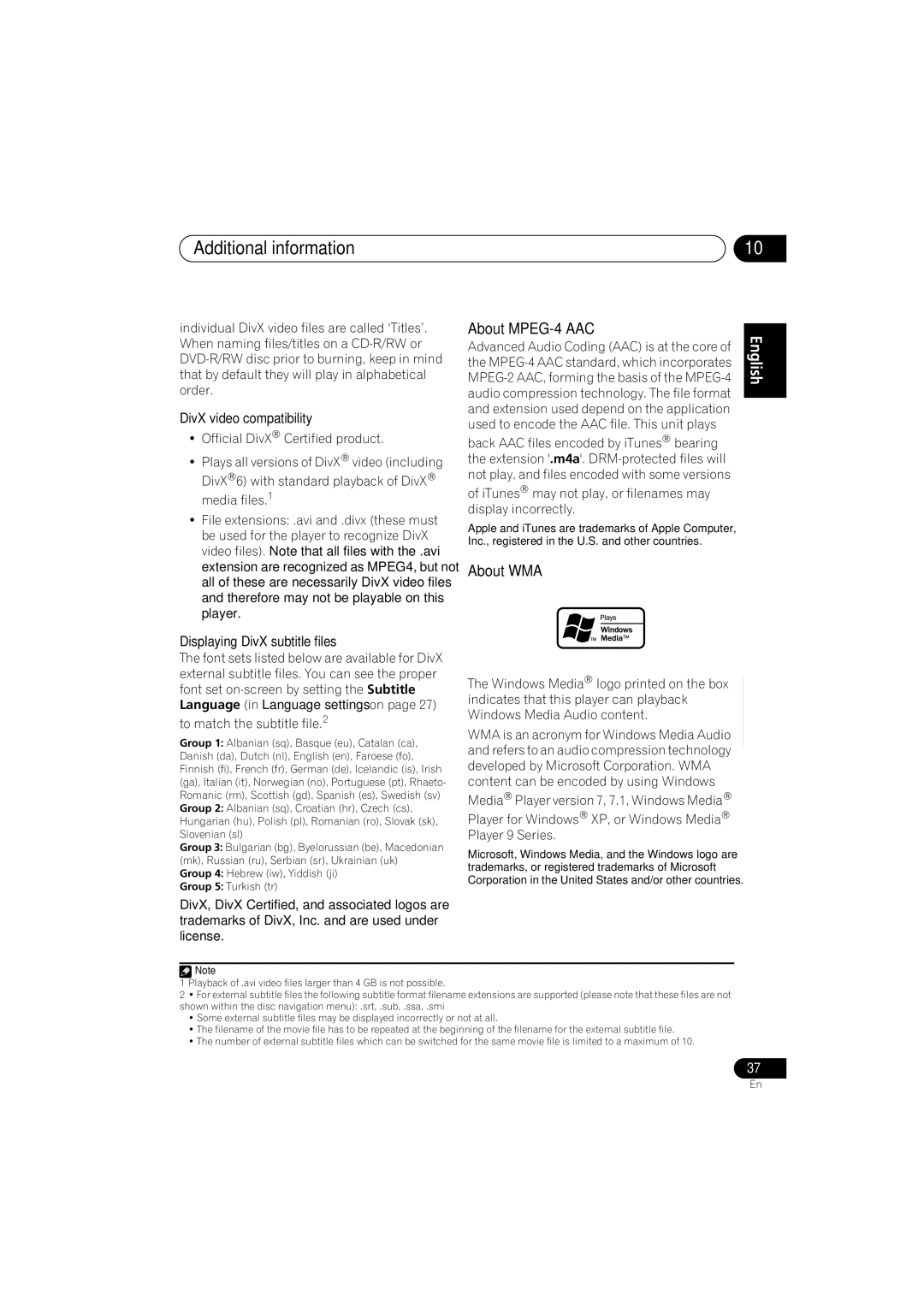 Pioneer S-DV1SW, S-DV555T, S-DV353 About MPEG-4 AAC, About WMA, DivX video compatibility, Displaying DivX subtitle files 