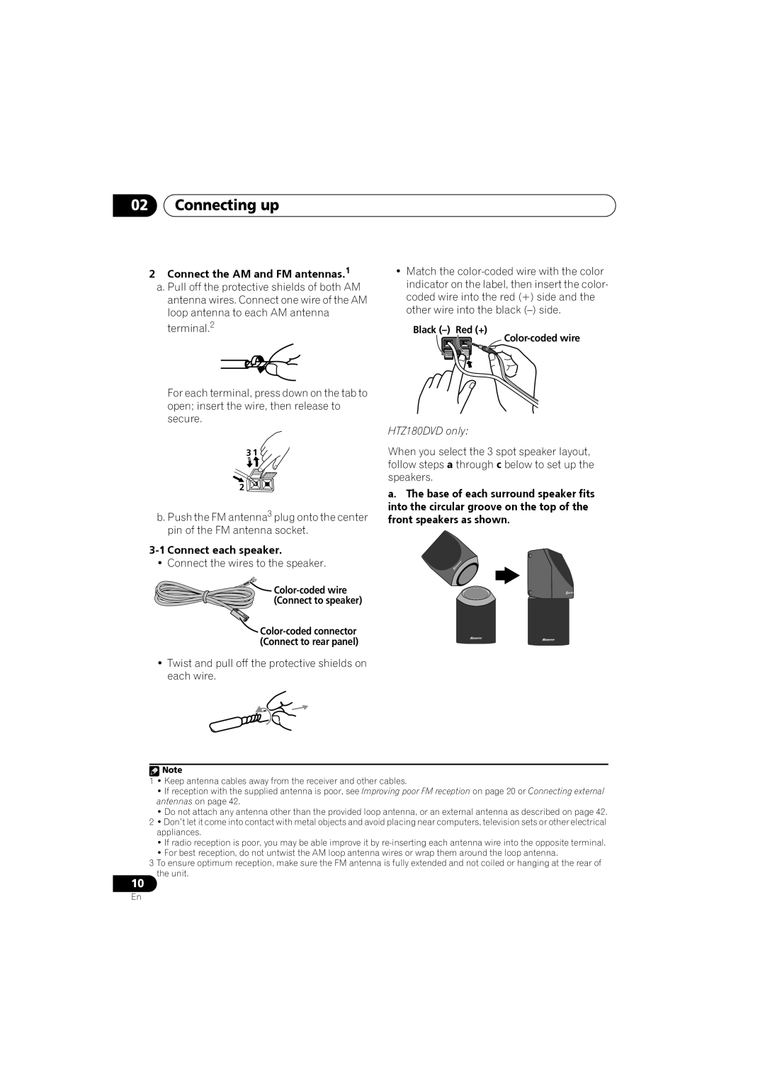 Pioneer S-DV282T manual Connecting up, Connect the AM and FM antennas.1, Connect each speaker, Black Red + Color-coded wire 
