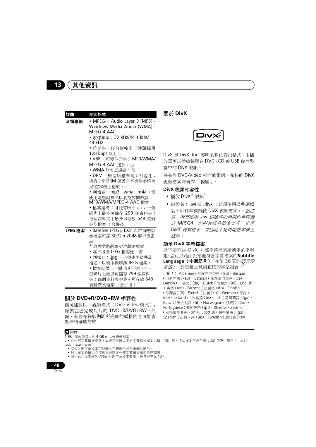 Pioneer S-DV585, S-DV282T, S-DV5SW, S-DV280T, S-DV180, XV-DV282, XV-DV181 13 其他資訊, 關於 Dvd+R/Dvd+Rw 相容性, 關於 DivX, DivX 視頻相容性 