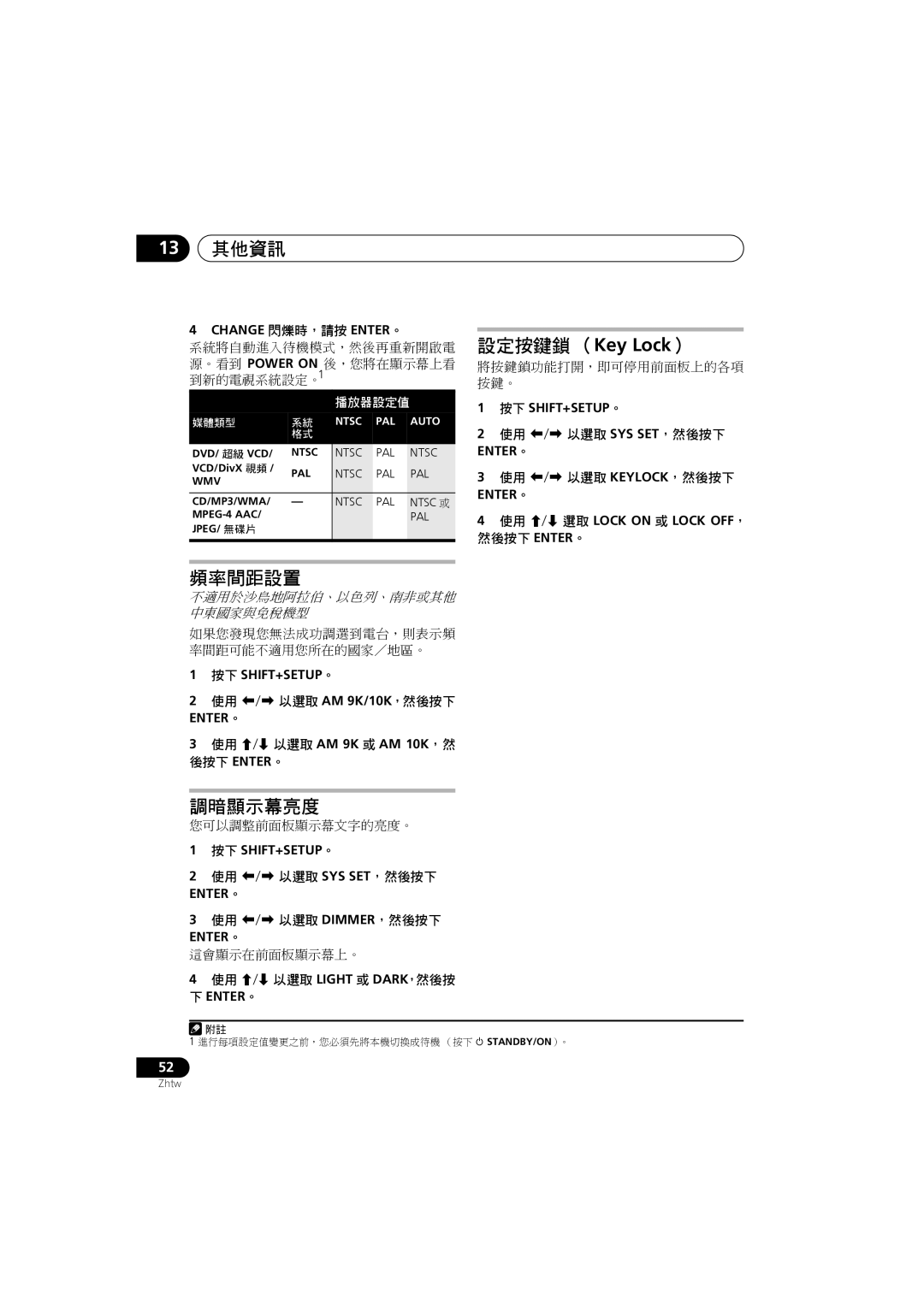 Pioneer S-DV180, S-DV585, S-DV282T 設定按鍵鎖 （Key Lock）, 頻率間距設置, 調暗顯示幕亮度, Change 閃爍時，請按 ENTER。, 使用 / 選取 Lock on 或 Lock OFF， 