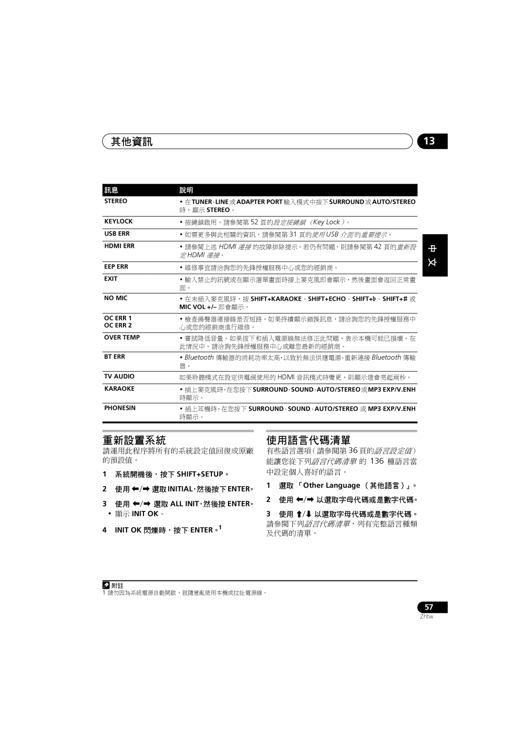 Pioneer S-DV585, S-DV282T manual 重新設置系統, 使用語言代碼清單, 選取 「Other Language （其他語言）」。, 使用/ 以選取字母代碼或是數字代碼。 使用 / 以選取字母代碼或是數字代碼。 