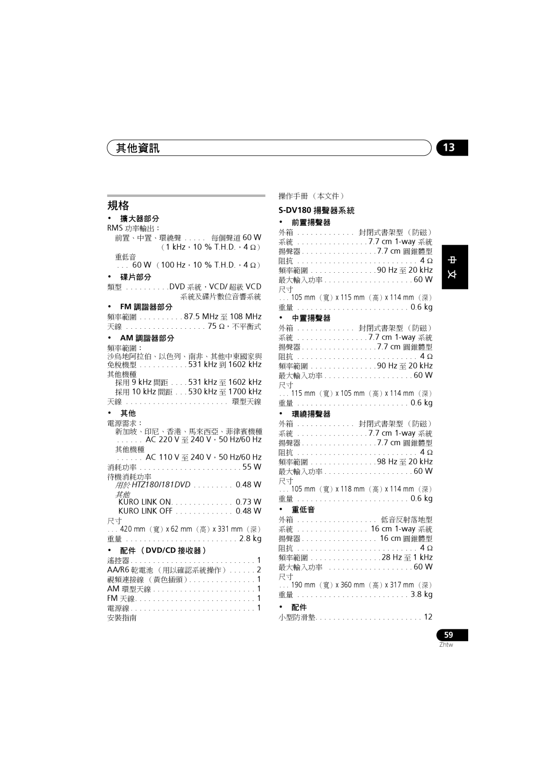 Pioneer S-DV5SW, S-DV585, S-DV282T, S-DV280T, S-DV180, XV-DV181, XV-DV282AP, XV-DV180 manual DV180 揚聲器系統 