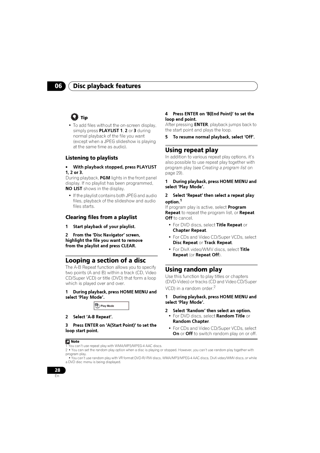 Pioneer S-DV282T, S-DV585 manual Using repeat play, Looping a section of a disc, Using random play, Listening to playlists 