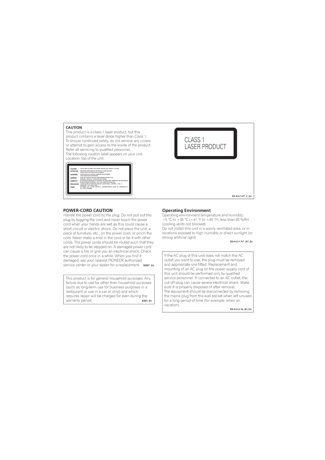 Pioneer S-DV280T, S-DV585, S-DV282T, S-DV5SW, S-DV180, XV-DV181, XV-DV282AP manual Class Laser Product, Operating Environment 