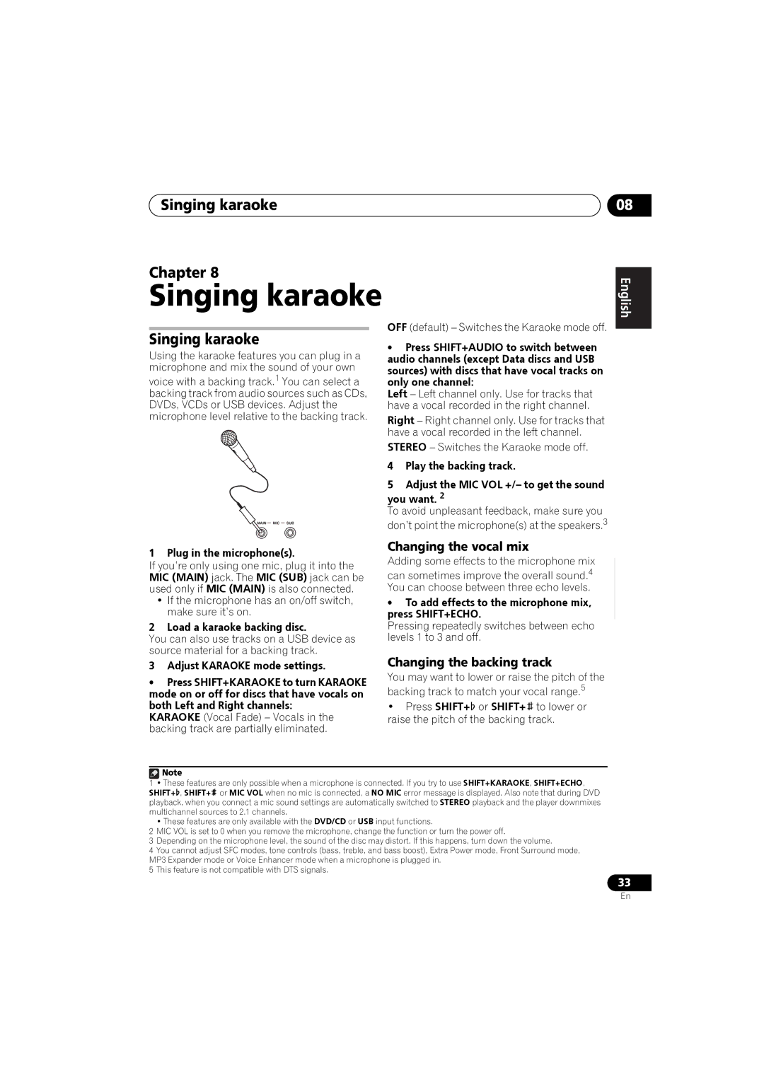 Pioneer XV-DV181, S-DV585, S-DV282T, S-DV5SW Singing karaoke Chapter, Changing the vocal mix, Changing the backing track 