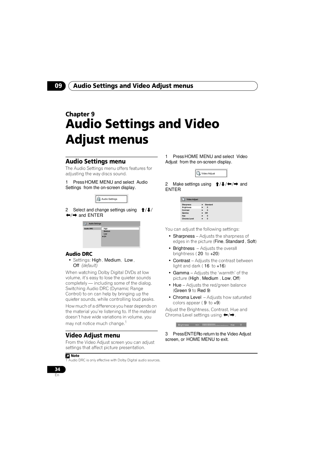 Pioneer XV-DV282AP, S-DV585, S-DV282T Audio Settings and Video Adjust menus Chapter, Audio Settings menu, Audio DRC 