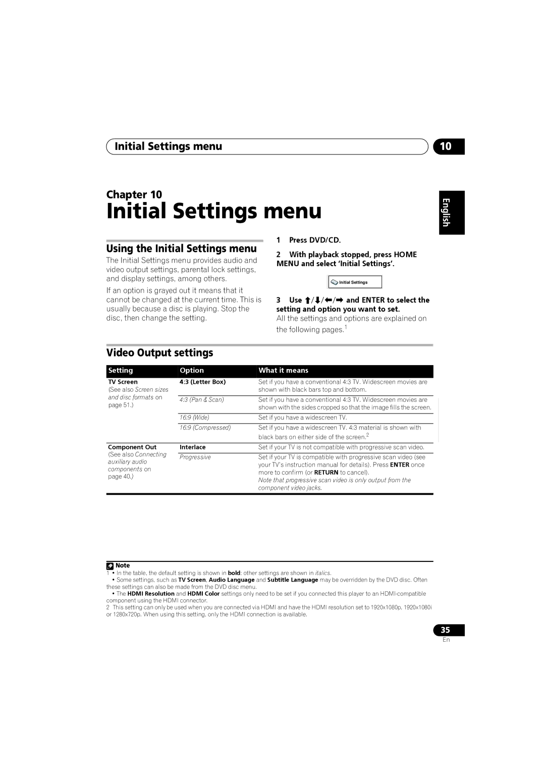 Pioneer XV-DV180 Initial Settings menu Chapter, Using the Initial Settings menu, Video Output settings, Press DVD/CD 