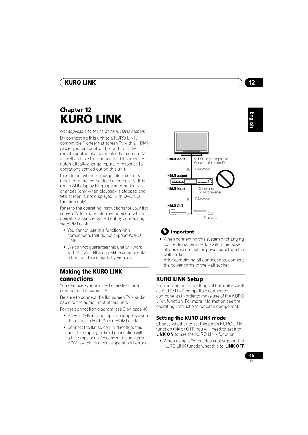 Pioneer S-DV585, S-DV282T, S-DV5SW, S-DV280T Making the Kuro Link connections, Kuro Link Setup, Setting the Kuro Link mode 