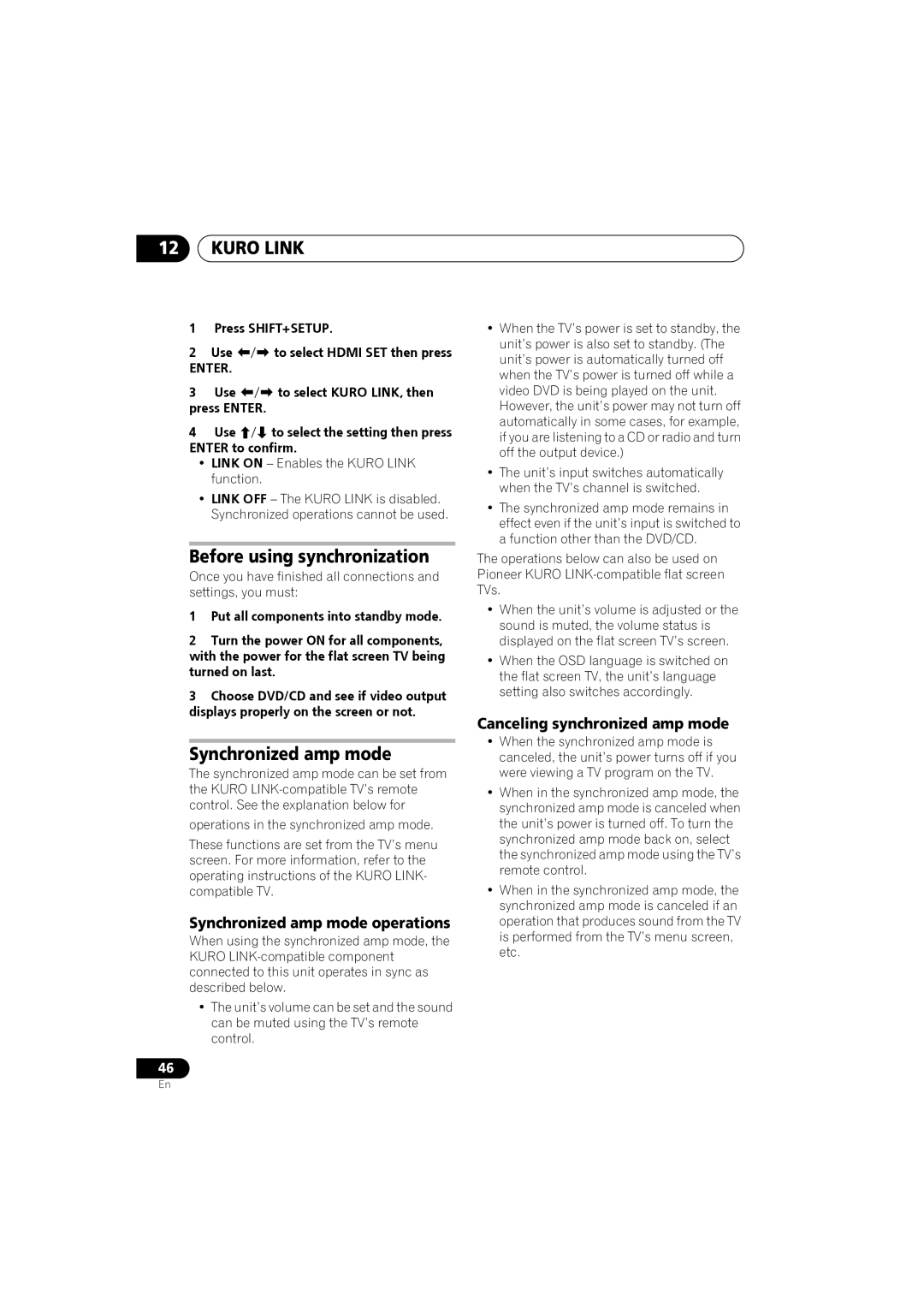 Pioneer S-DV282T manual Before using synchronization, Synchronized amp mode operations, Canceling synchronized amp mode 