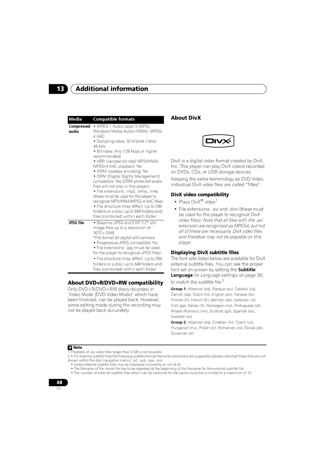 Pioneer S-DV280T, S-DV585 Additional information, About DVD+R/DVD+RW compatibility, About DivX, DivX video compatibility 