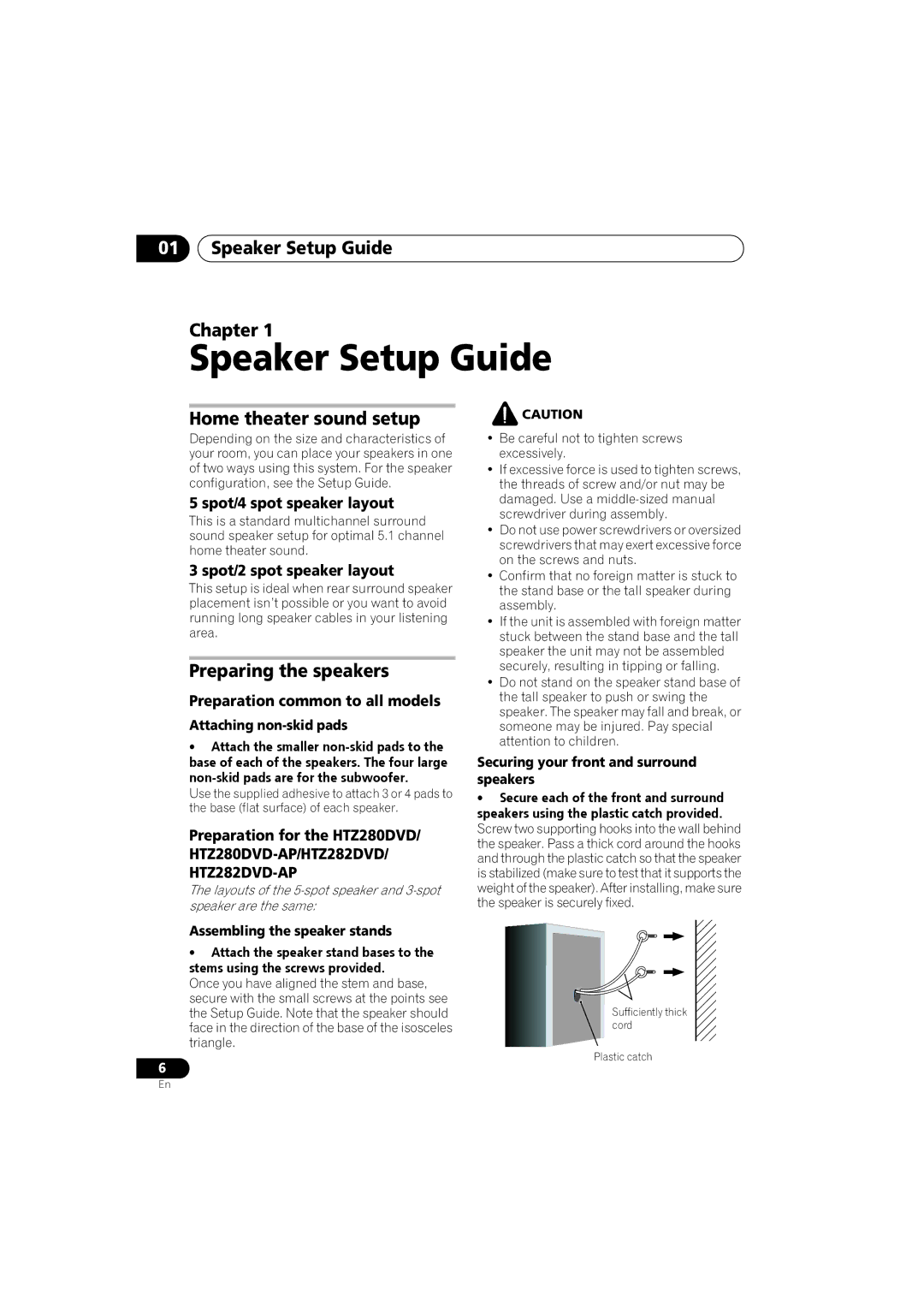 Pioneer XV-DV181, S-DV585, S-DV282T manual Speaker Setup Guide Chapter, Home theater sound setup, Preparing the speakers 