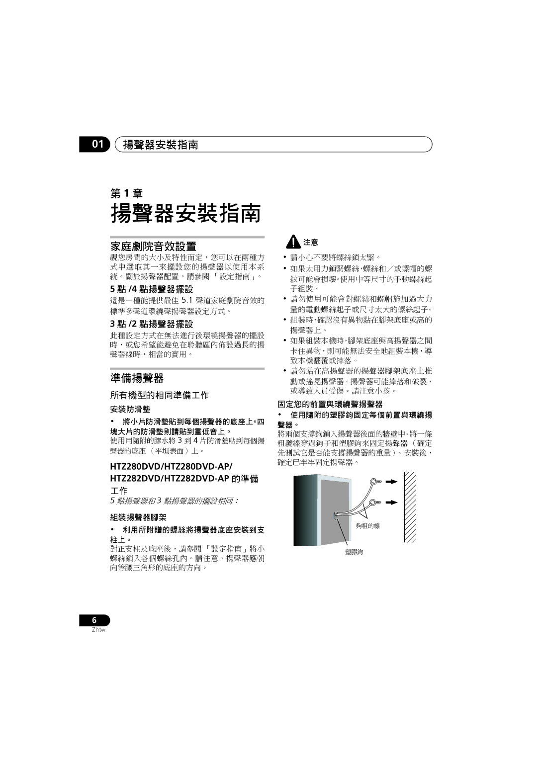 Pioneer S-DV280T, S-DV585, S-DV282T 01 揚聲器安裝指南, 家庭劇院音效設置, 準備揚聲器, HTZ280DVD/HTZ280DVD-AP/ HTZ282DVD/HTZ282DVD-AP 的準備 